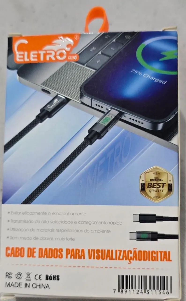Cabo de Dados USB-C 100W Eletro 1 Metro - Foto 2