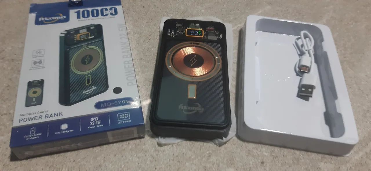 Carregador portátil 10000mAh indução, usb, tipo c - já é o menor preço