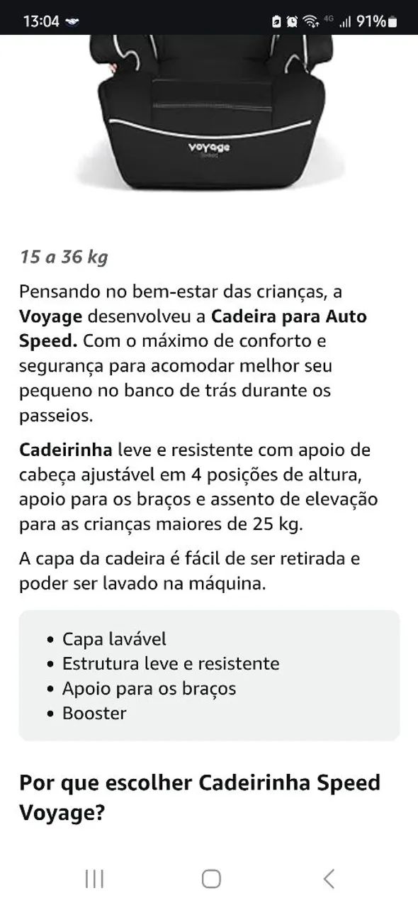 Cadeirinha para Auto apartir de 5 anos em diante. Speed Voyage - 15 a 36 kg