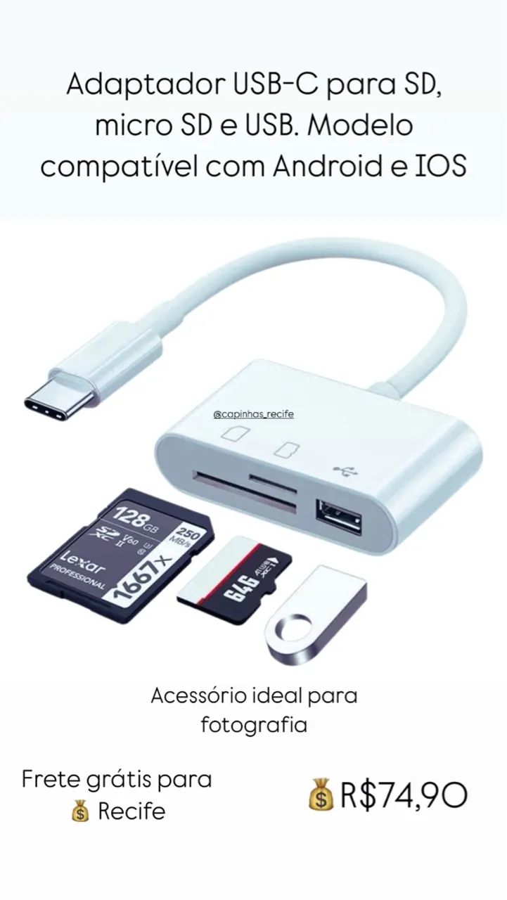 Adaptador USB-C para iPhone 15/16 micro SD/SD/USB