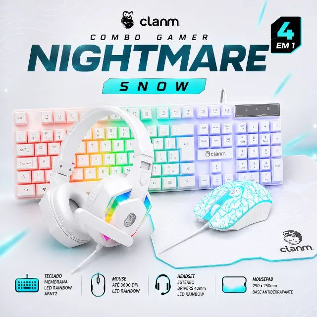 Kit Gamer Clanm Nightmare Snow Teclado + Mouse + Headset + Mousepad - Foto 2