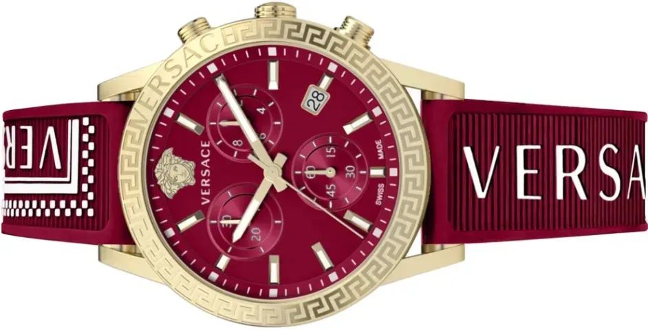 Relógio feminino cronógrafo com mostrador vermelho e caixa dourada da Versace. - Foto 3