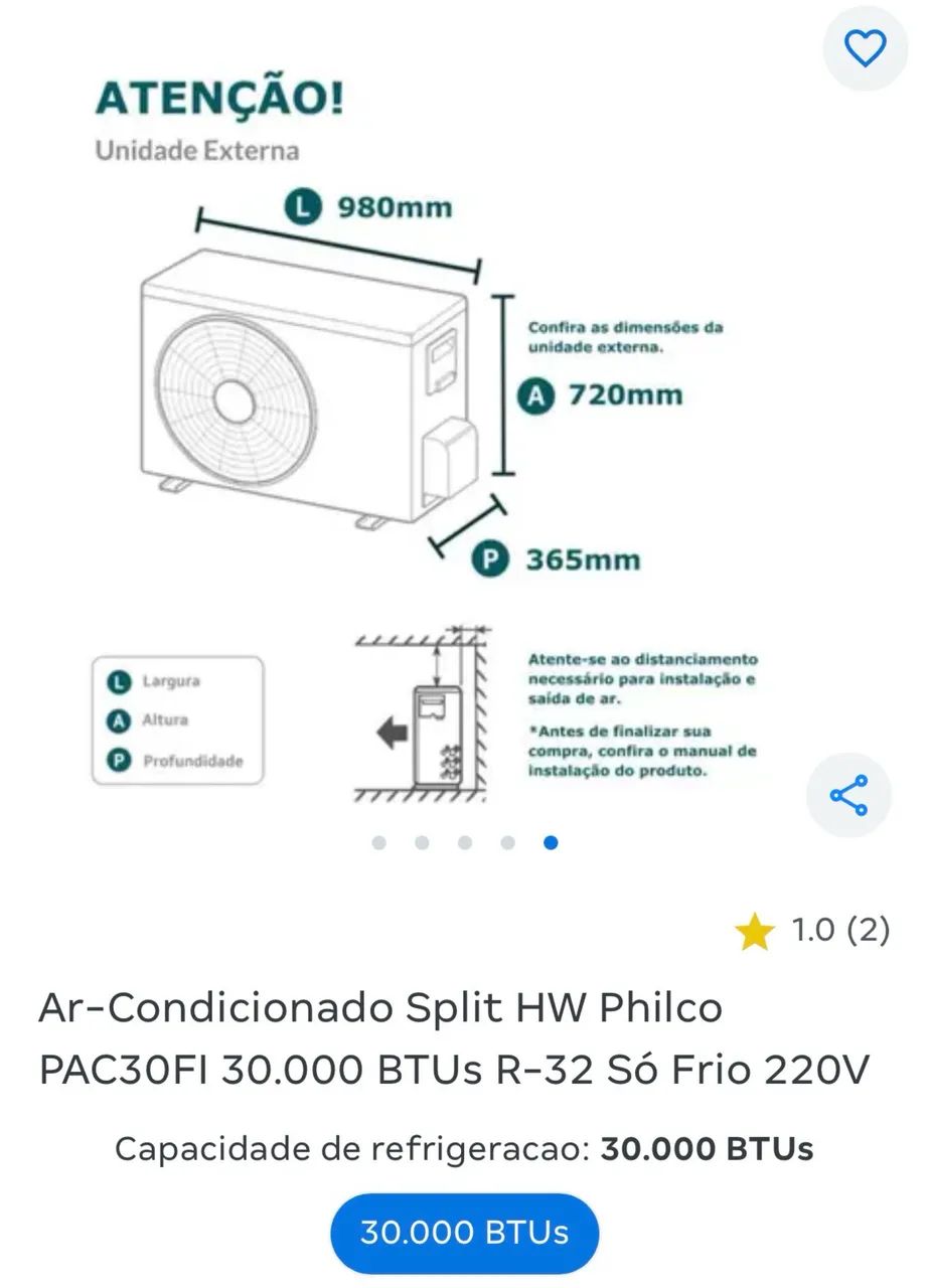 Ar-Condicionado Split HW Philco PAC30FI 30.000 BTUs 