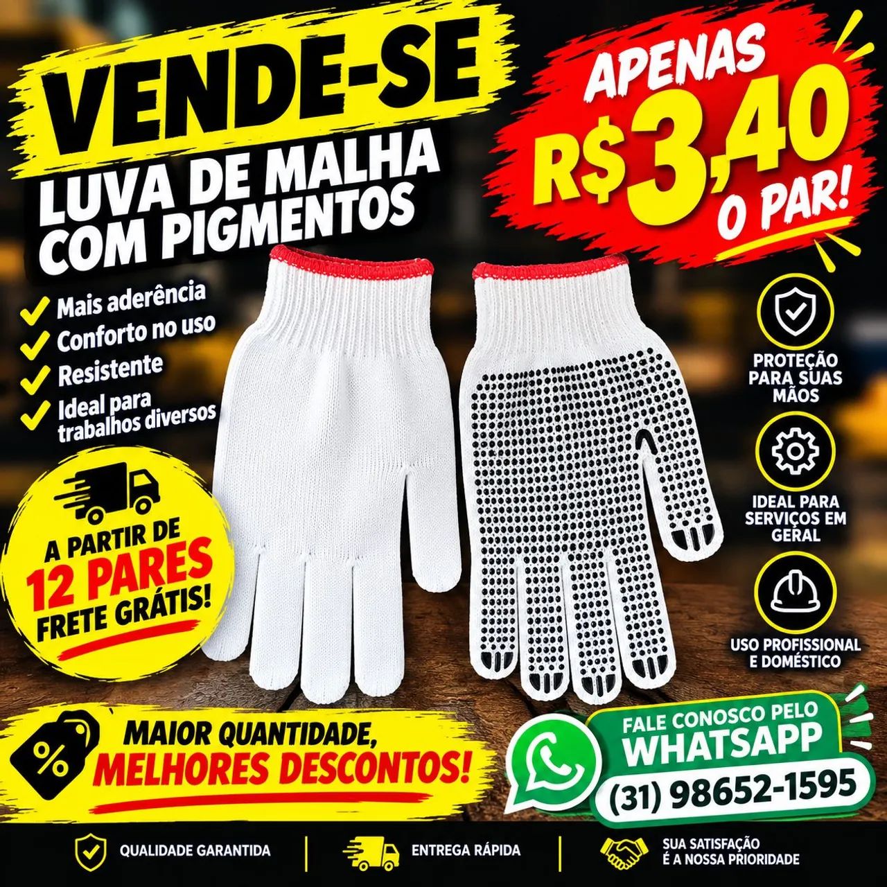 Luva de malha pigmentada PVC, para toda obra