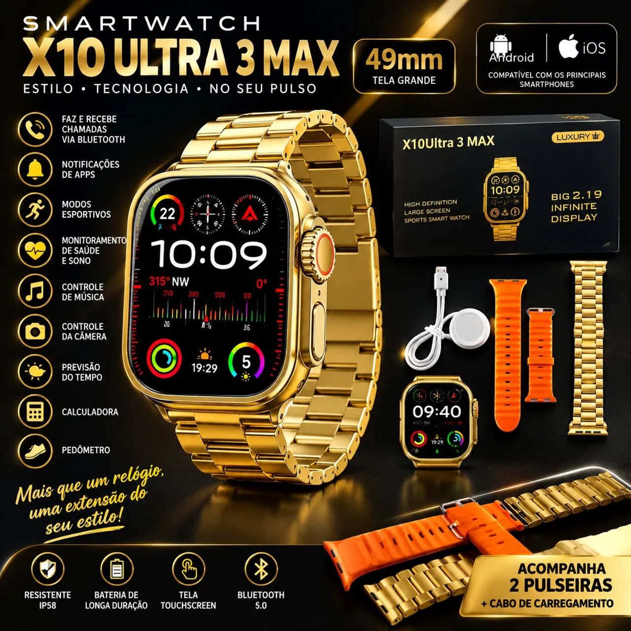 Smartwatch X10 Ultra 3 Max 49mm - Android e iOS - Dourado
