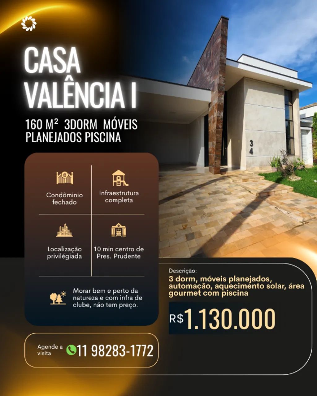 Casa 160m2 no condominio Residencial Valência I em Álvares Machado SP