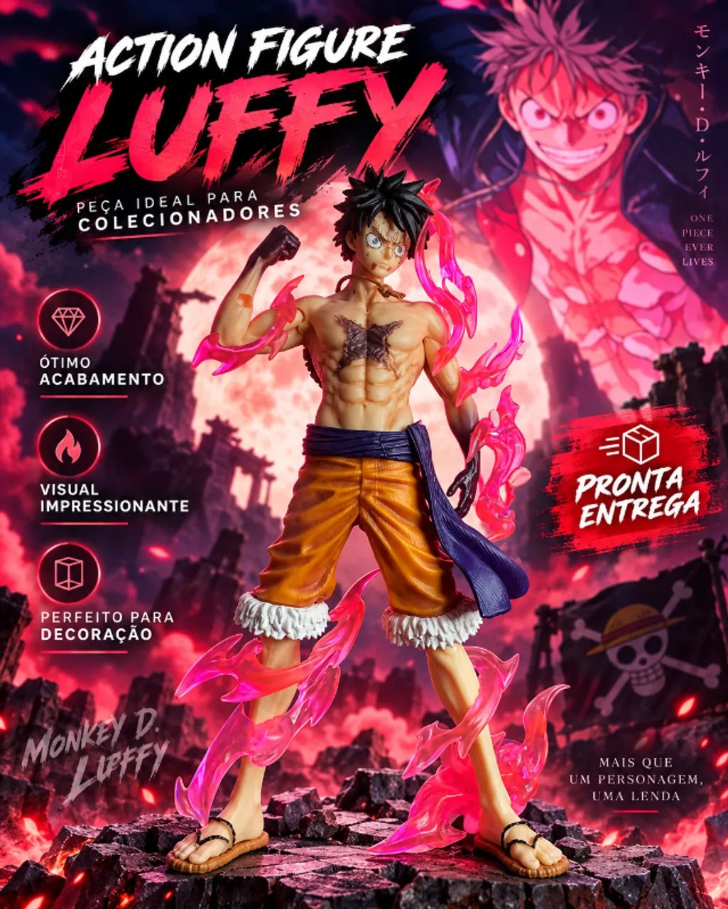 Action Figure Luffy One Piece com Efeito de Chamas - Colecionável