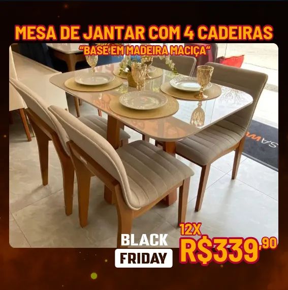 Mesa de Jantar Elegante com Base de Madeira Maciça e 4 Cadeiras Confortáveis