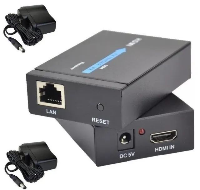 Extensor Hdmi x Rj45 Cabo de Rede Cat5E e Cat6 3d 1080p com 2 Fontes Bivolt 60 Mts