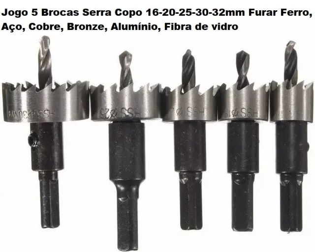 Jogo 5 Brocas Serra Copo 16-20-25-30-32mm Furar Ferro, Aço, Cobre