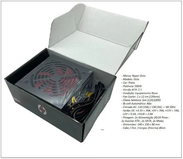 Fonte Atx Gamer 500Wts Real Octo Conectores 24 Pinos/2 Molex/Pci 6 Pinos/2 Sata/cabo força - Foto 4