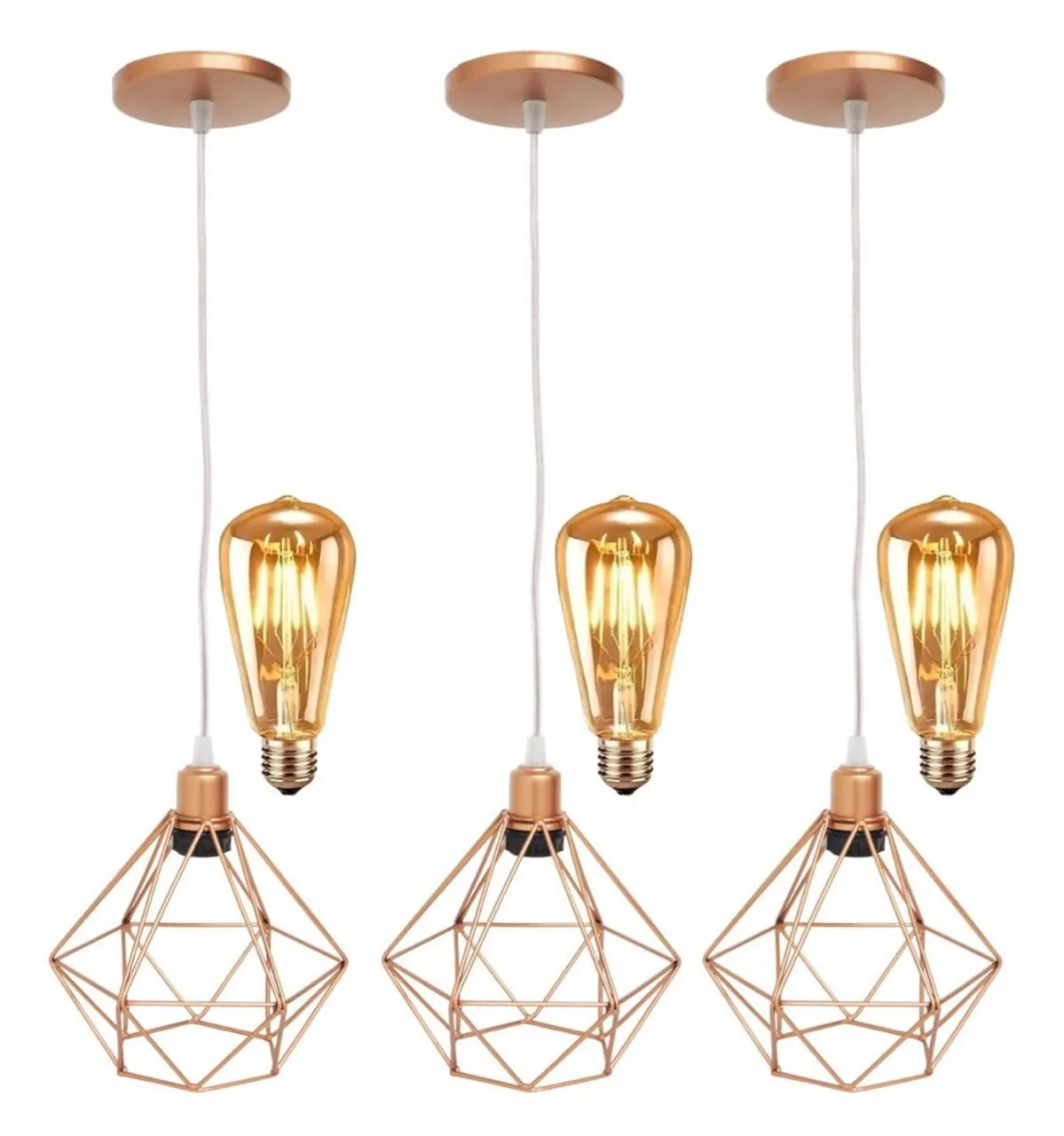 Kit 3 Lustres Pendente Diamante Rose Gold + Lâmpada Filamento