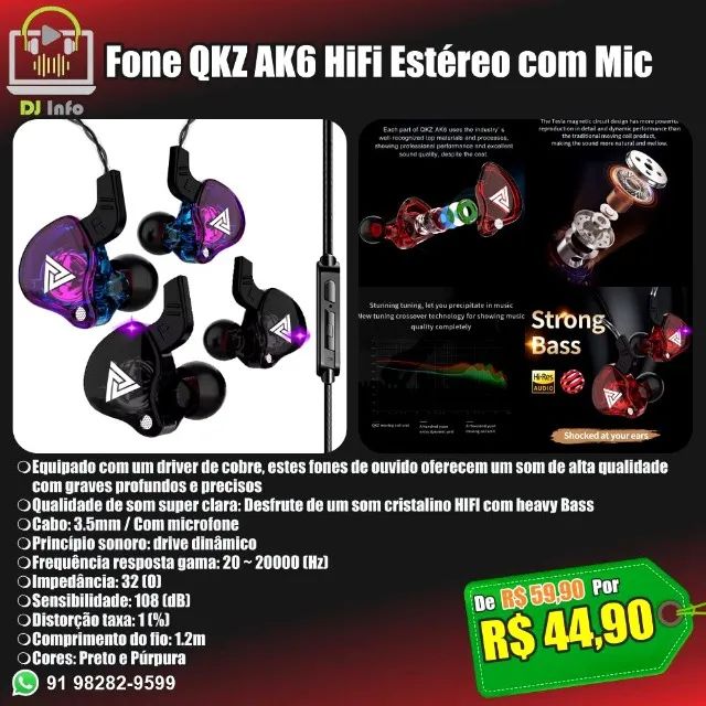Fone QKZ AK6 HiFi Estéreo com Mic