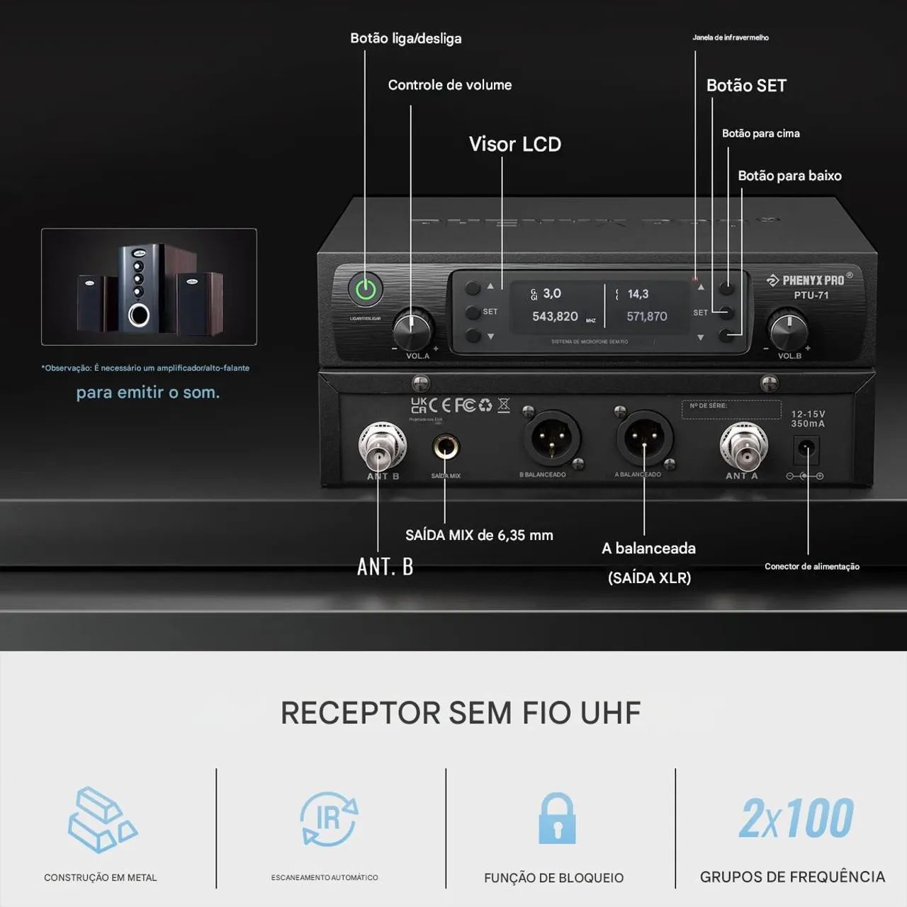 Sistema de microfone sem fio UHF Dual Automatic Scan Phenyx Pro PTU-71-2B - Foto 2