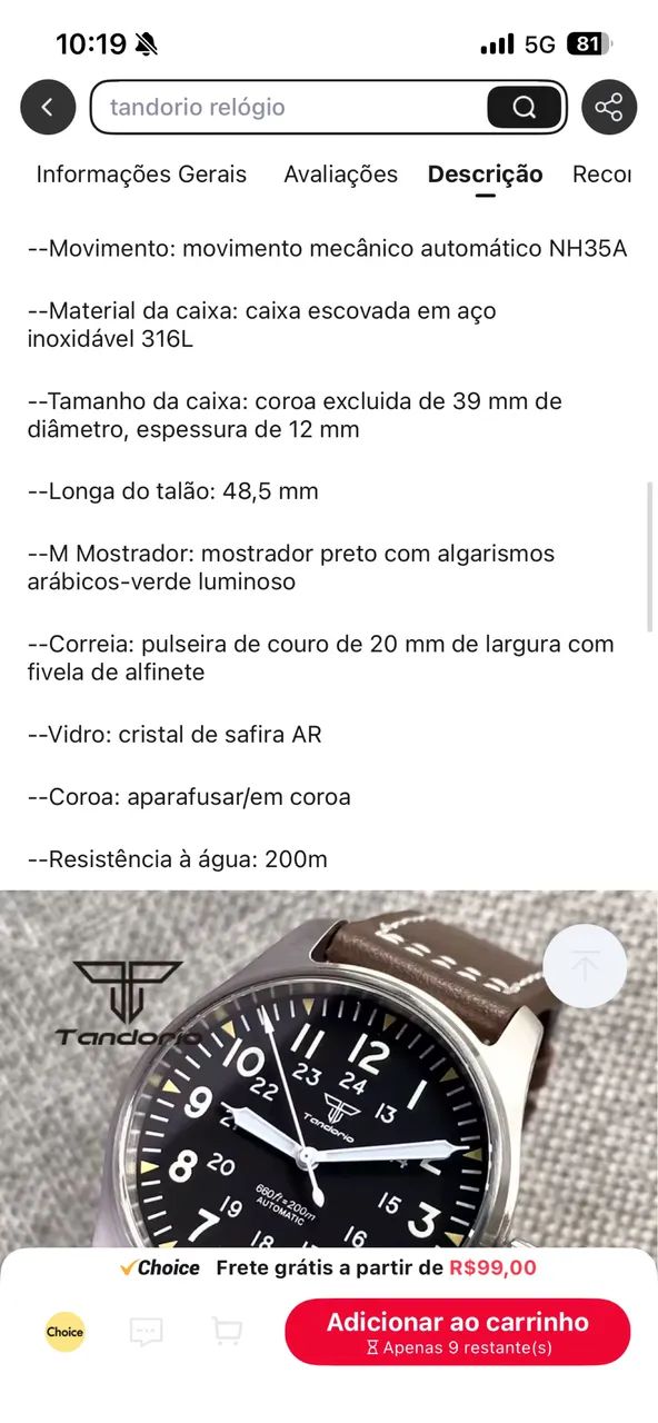 Relógio automático tandorio 