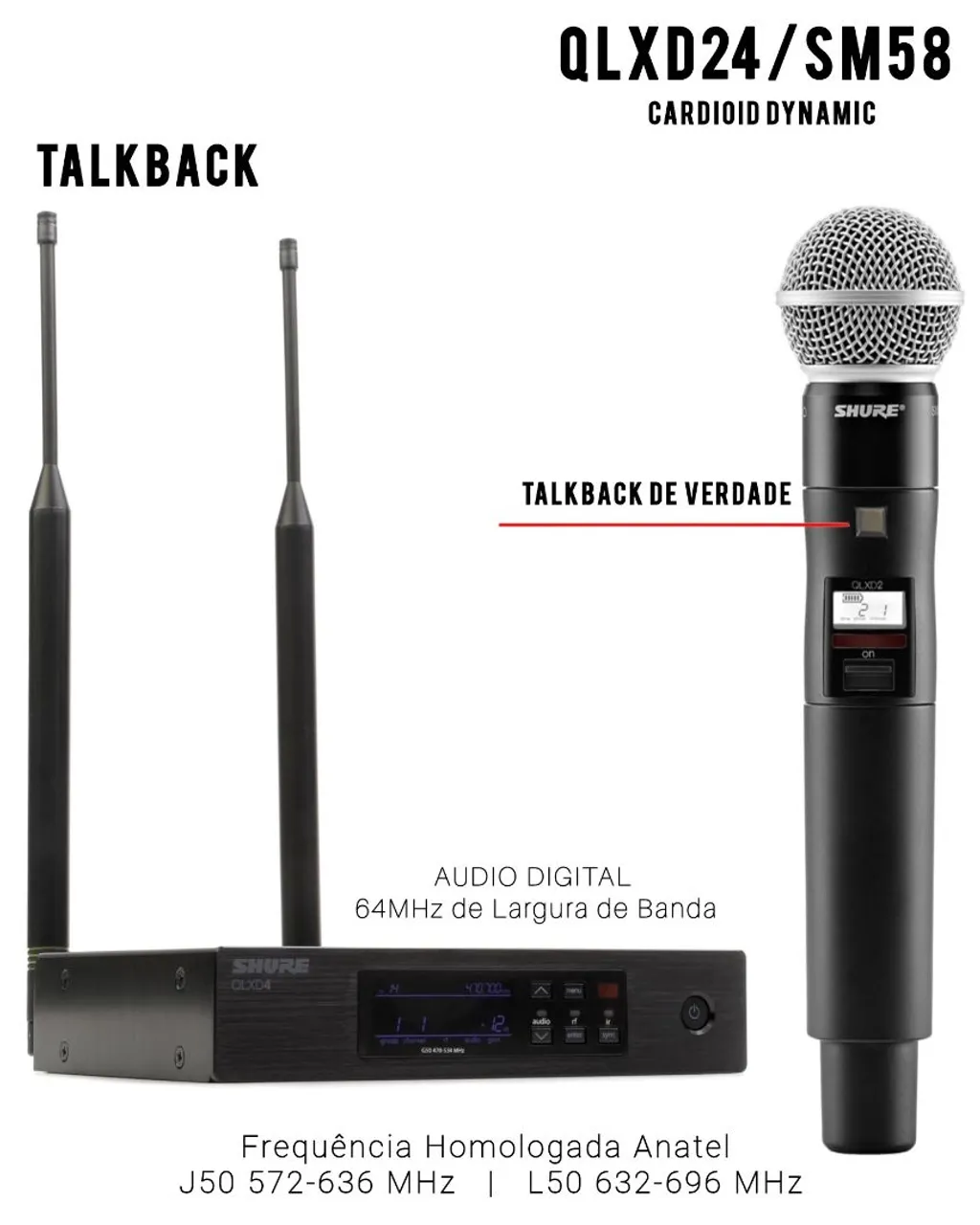 Shure QLXD24/SM58 Microfone Sem Fio Profissional Original Shure