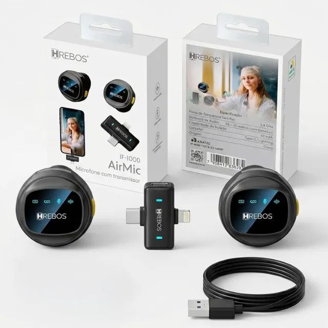 Microfone de Lapela Sem Fio Duplo, 2 Microfones, Hrebos AirMic IF-1000 para Celular