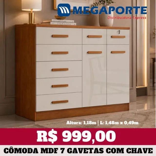 Cômoda 100% MDF com Chave 7 Gavetas (Novo) Entrega Grátis! 