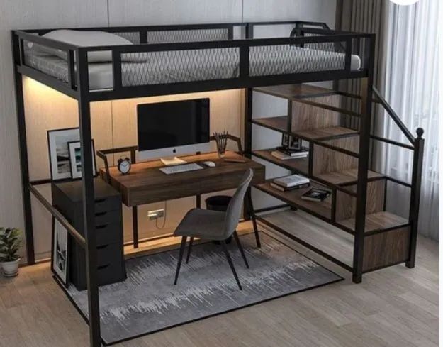 Cama aérea com espaço para estudo ou descanso embaixo 