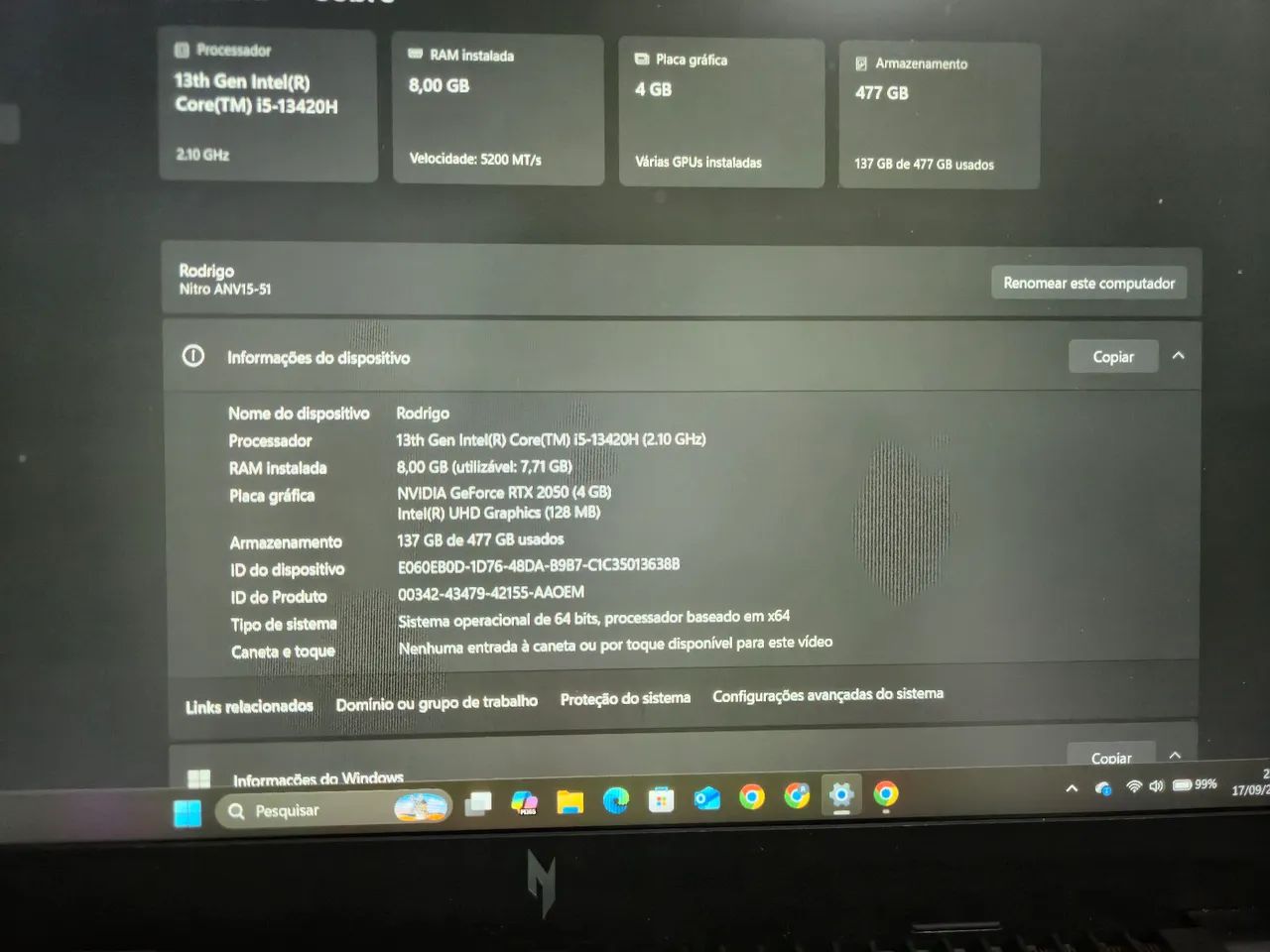 Notebook nitro v15 i5-13420H NVIDIA GeForce RTX 2050 - Foto 3