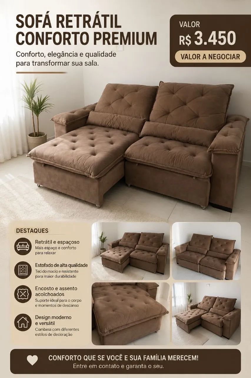 Sofá Retrátil Conforto Premium 