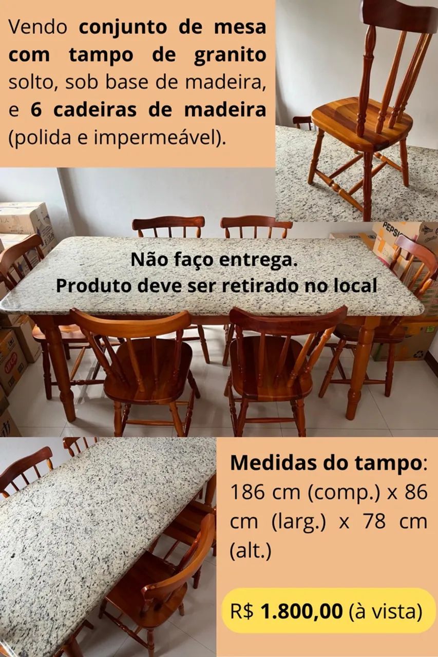 Conjunto mesa e 6 cadeiras de madeira