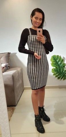 Vestido Tricô Modal Preto e Branco Sobreposição