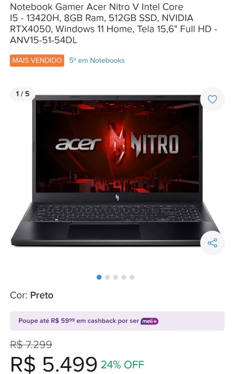 Notebook Gamer Nitro V15 RTX 4050 24gb ram