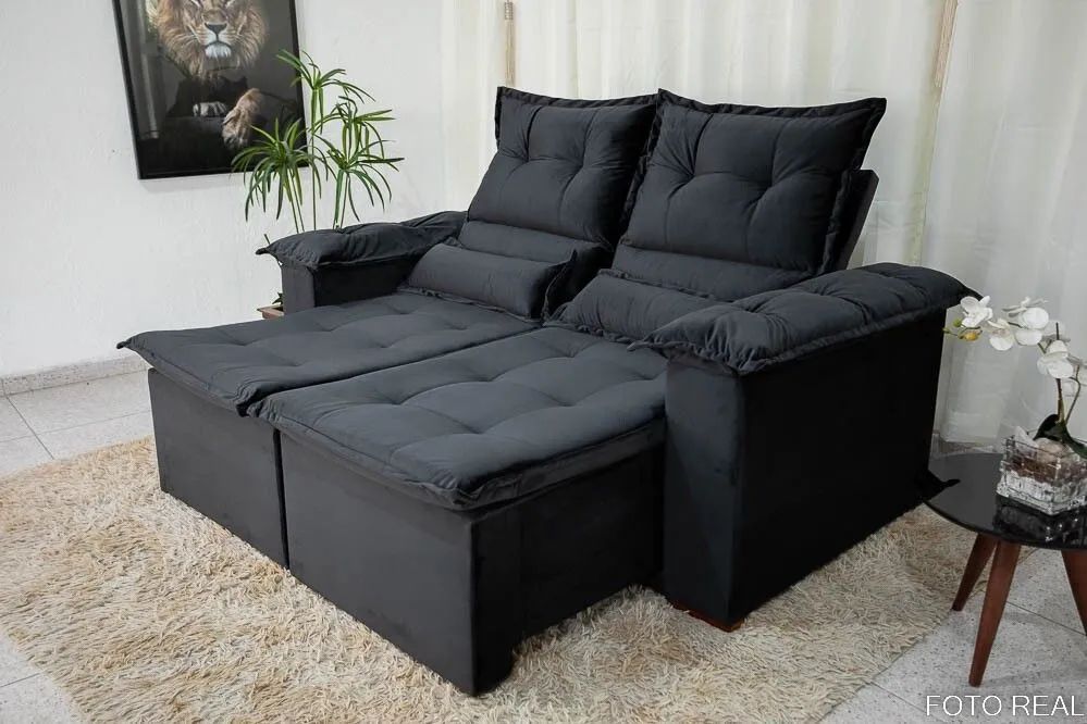 Sofá Retrátil Reclinável 2 Lugares 180cm Veludo Preto