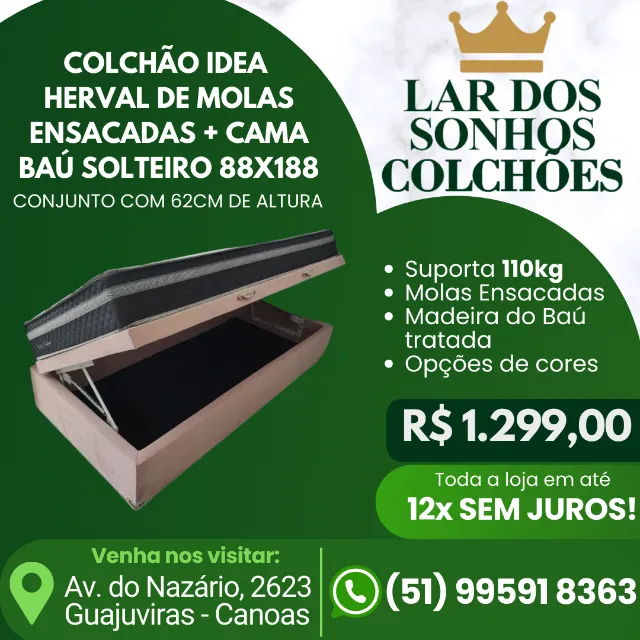 CAMA BAÚ SOLTEIRO + COLCHÃO HERVAL MOLAS ENSACADAS 88X188