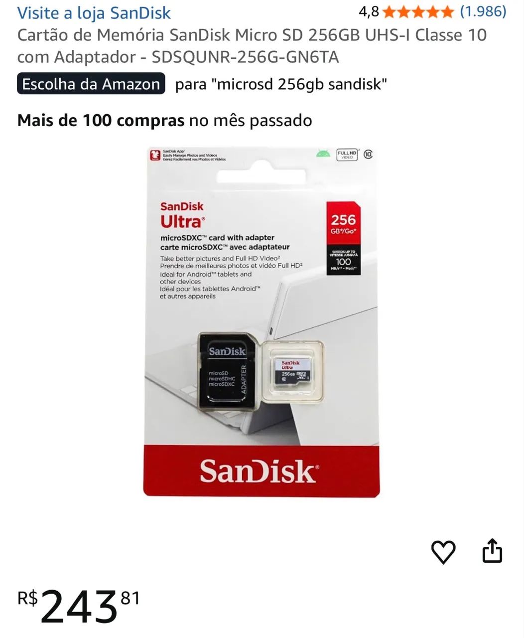 Cartão de Memória SanDisk Micro SD 256GB 441992535595427840