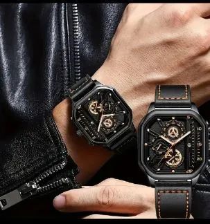 Relógio de Presente Masculino Moda Casual, pulseira preta de couro,<br>