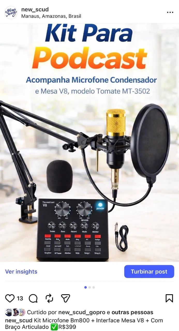 Kit Microfone Bm800 + Interface Mesa V8 + Com Braço Articulado