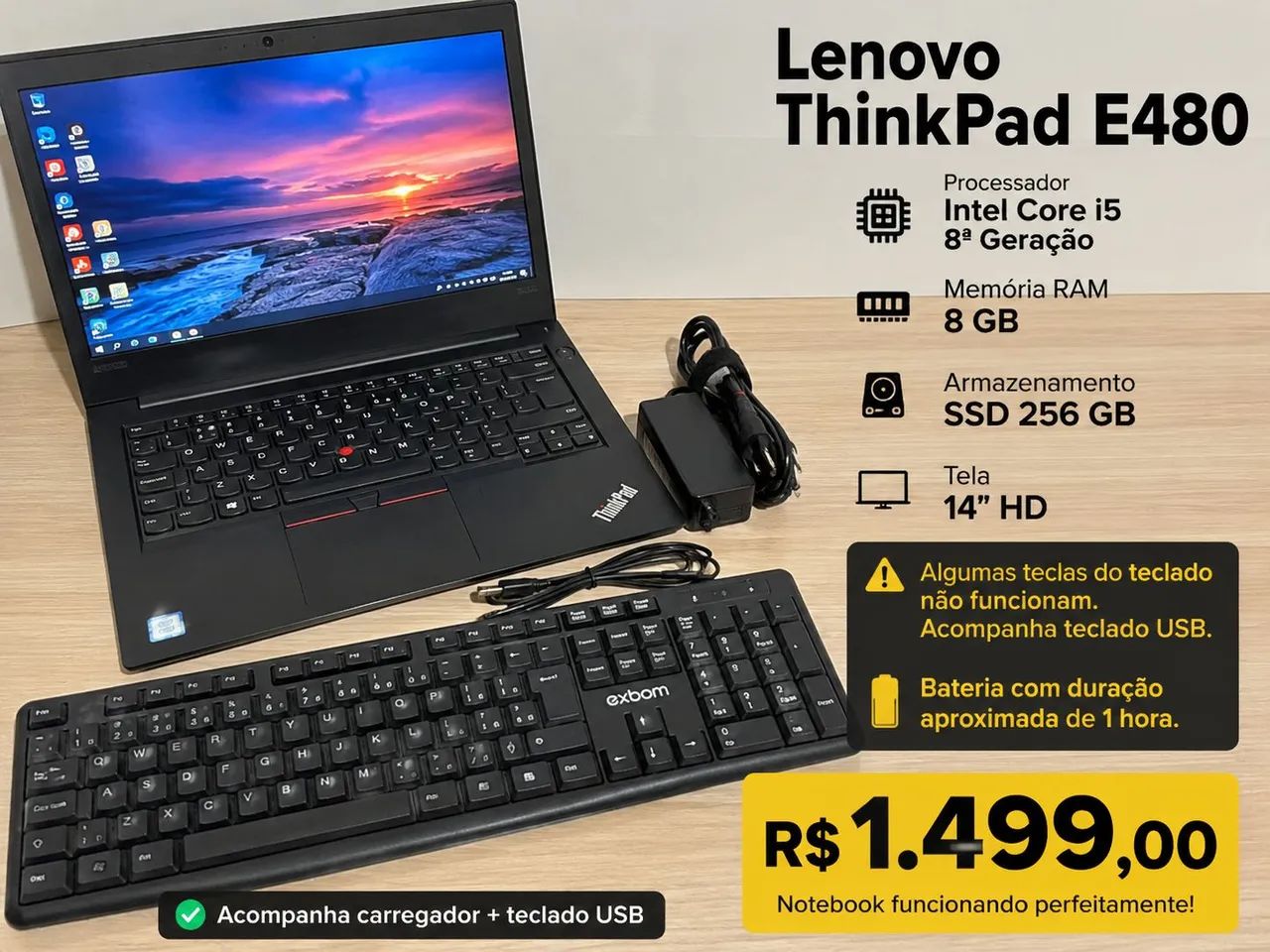 Notebook Lenovo ThinkPad E480 - Intel Core i5 8ª Geração | 8 GB RAM | SSD 256 GB - Foto 3