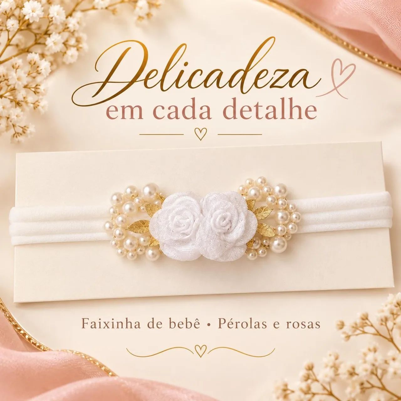 Faixinha de Bebê com Rosas Brancas e Pérolas