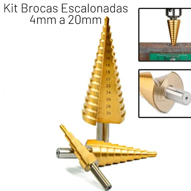  Brocas Escalonadas de Titânio de 4mm a 20mm - Kit com 3 Brocas _ FE45 
