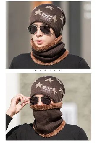 Kit chapéu de lã e cachecol unissex quente, para dias frios malha grossa, proteção inverno - Foto 2