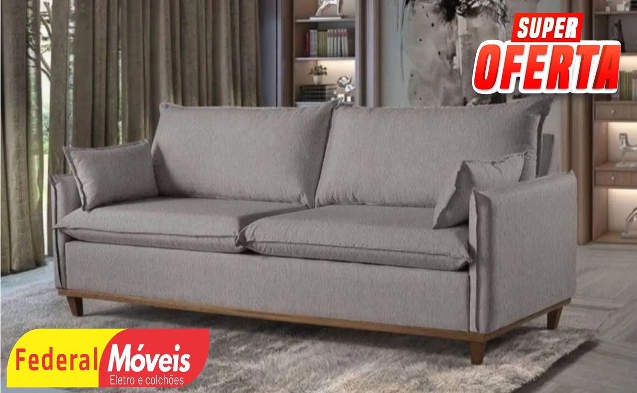 Sofá em Linho Cinza 2,20m Pés Madeira - Super Oferta!