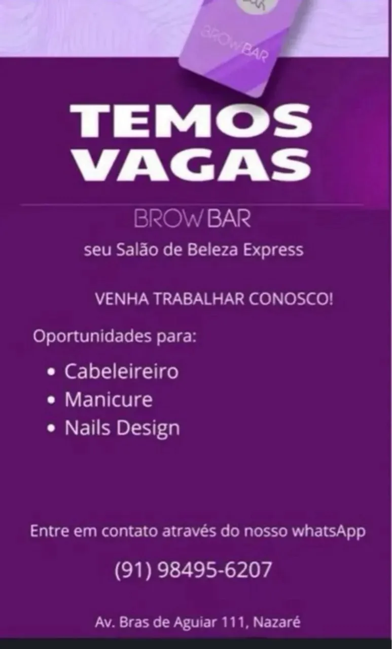 Salão Browbar temos vagas 