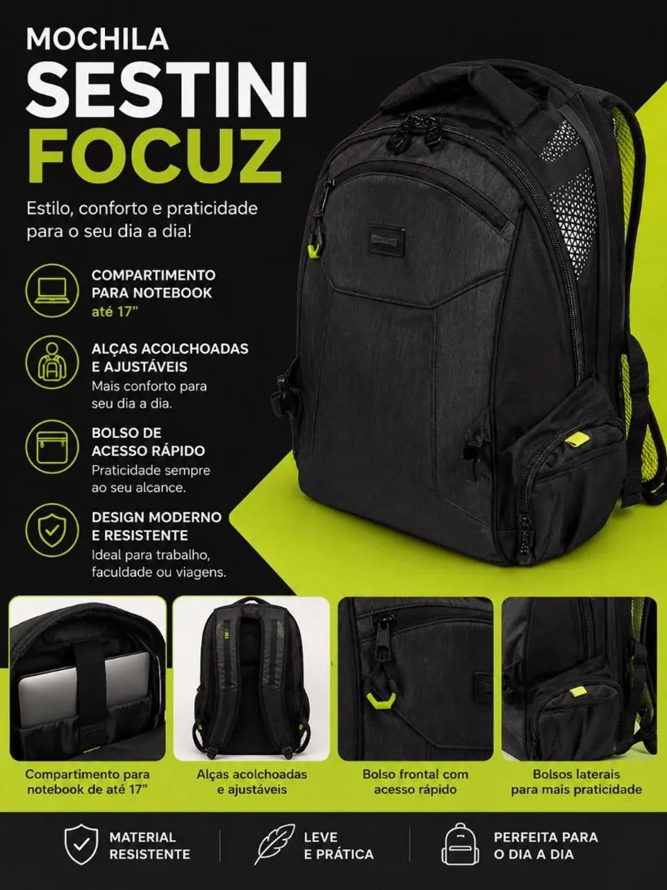 Mochila Sestini - modelo Focus - produto Novo - impermeável -  para notebook 