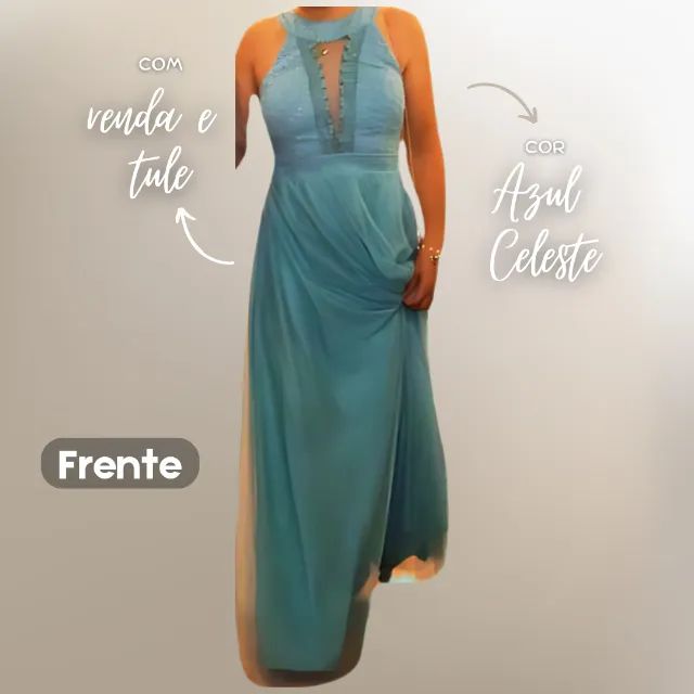 Vestido Longo Azul Celeste com Tule e Renda 