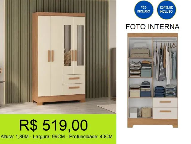 Roupeiro 4 portas já com espelho - Parcele sem juros
