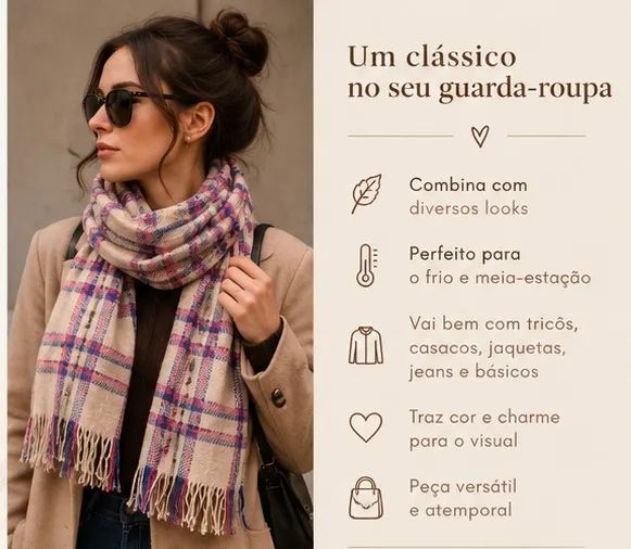 Cachecol xadrez bege, azul e rosa com franjas - Foto 2