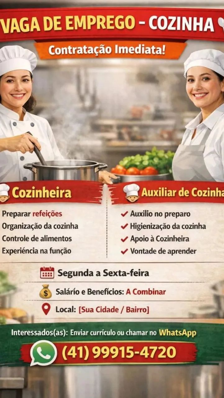 Vaga para cozinheira e auxiliar 