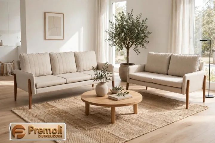 Conjunto Sofá FÃ 2 e 3 Lugares Em Tecido De Linho Bege C/ Design Contemporâneo - Foto 3