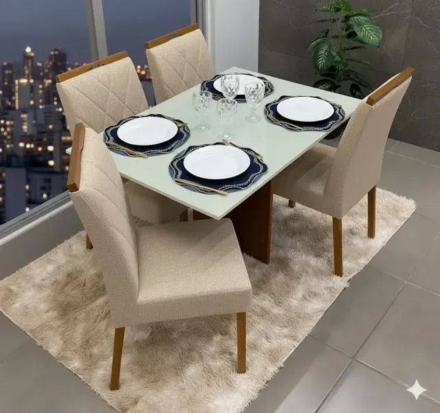 Mesa de jantar Los Angeles com vidro laqueado e 4 cadeiras 