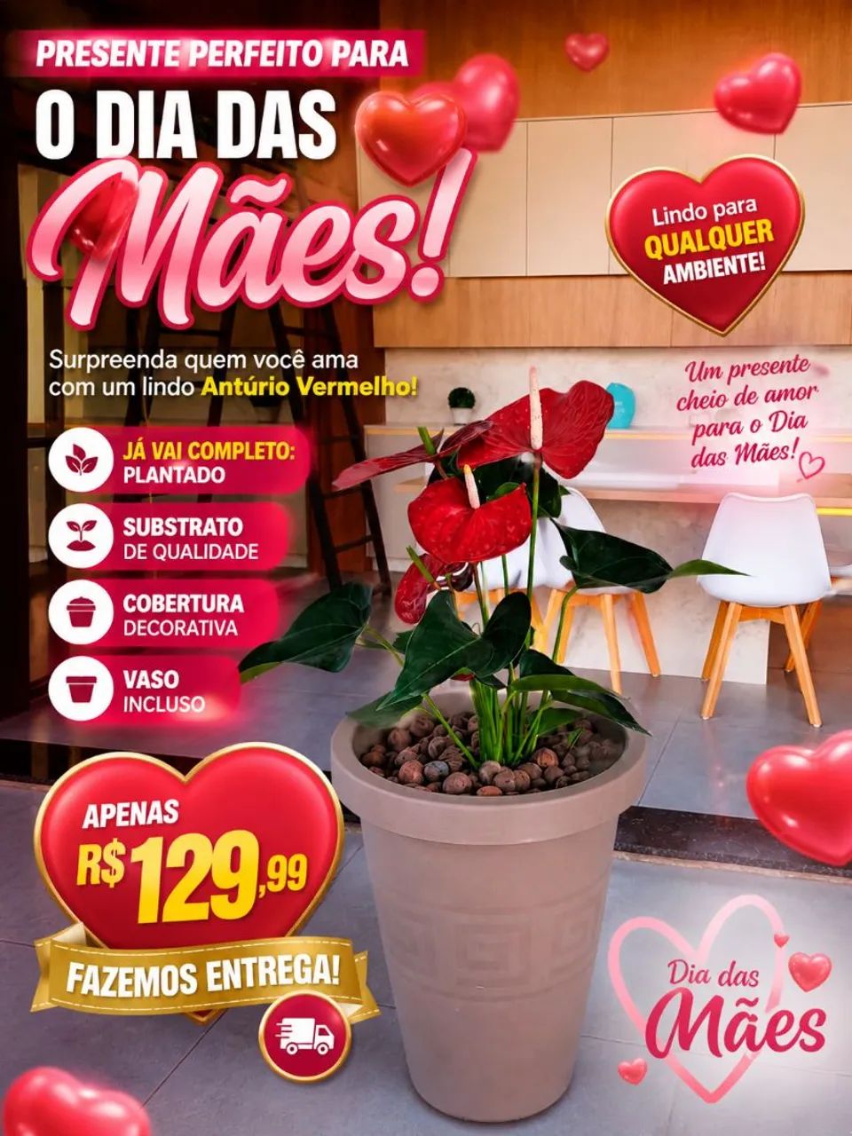 Antúrio Vermelho Natural no Vaso Completo!!<br>Promoção Dia das mães R$129,99