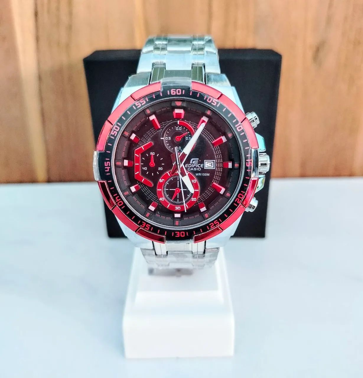 Casio Edifice novo na caixa robusto prateado vermelho 