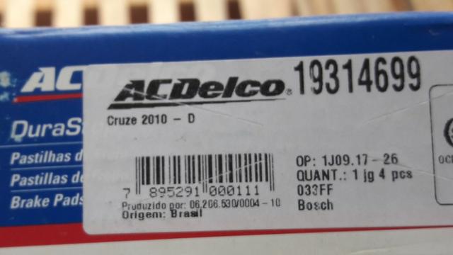 Jogo De Pastilhas Dianteiras Acdelco Cruze 19314699 - Foto 3