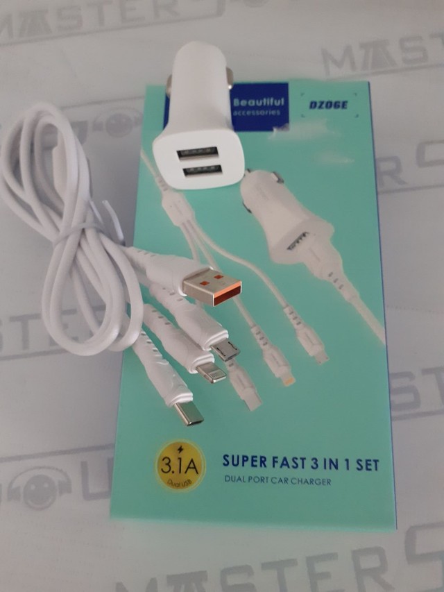 Kit carregador veicular. Com 2 entradas usb, Cabo 3X1. Lightning, tipo c, e micro. Novo .